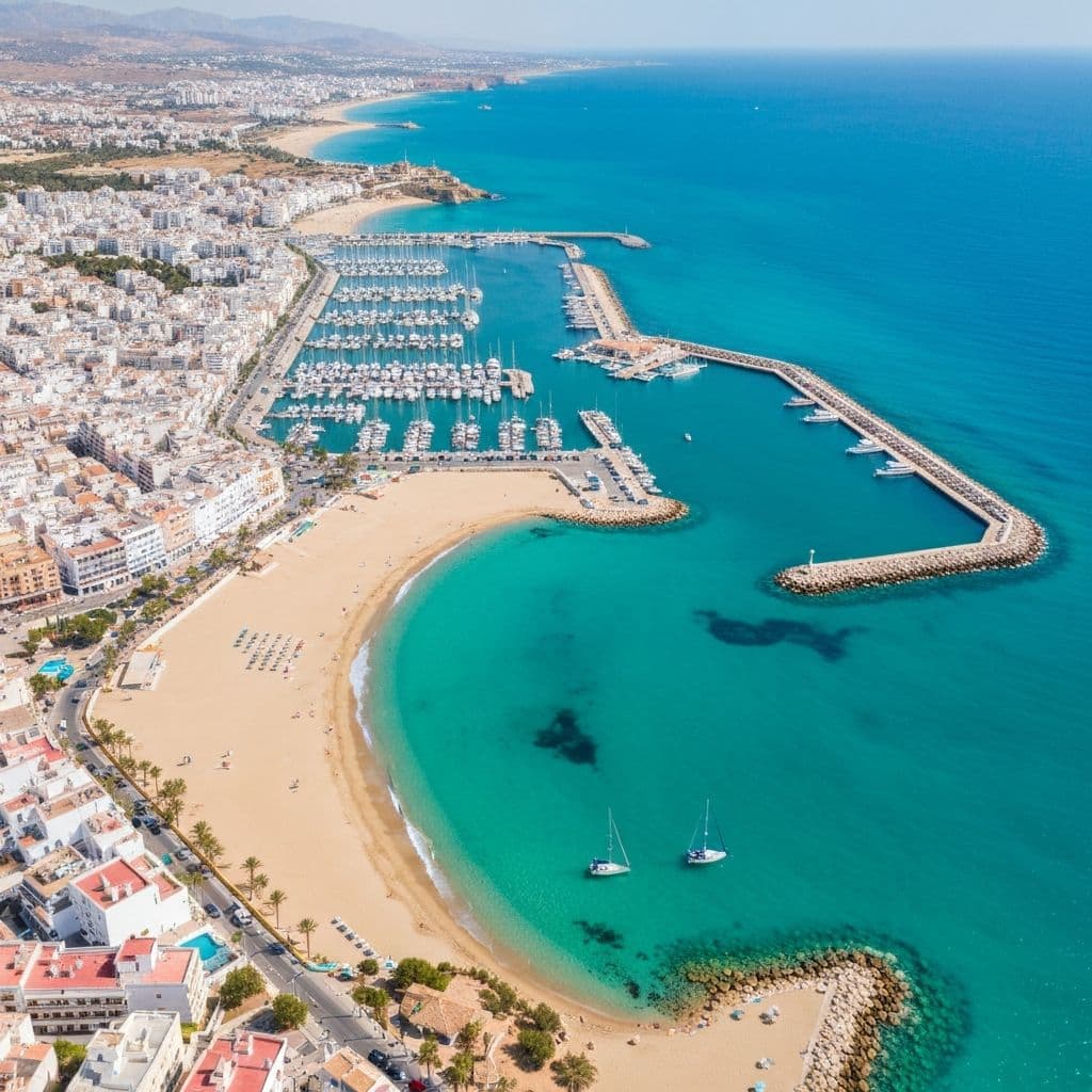 The coast at Alicante from the air, with the marina and the beach