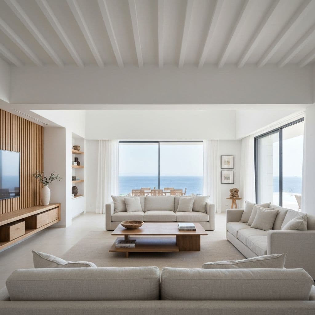 A renovated interior on the Costa Blanca, stone walls and a beamed ceiling