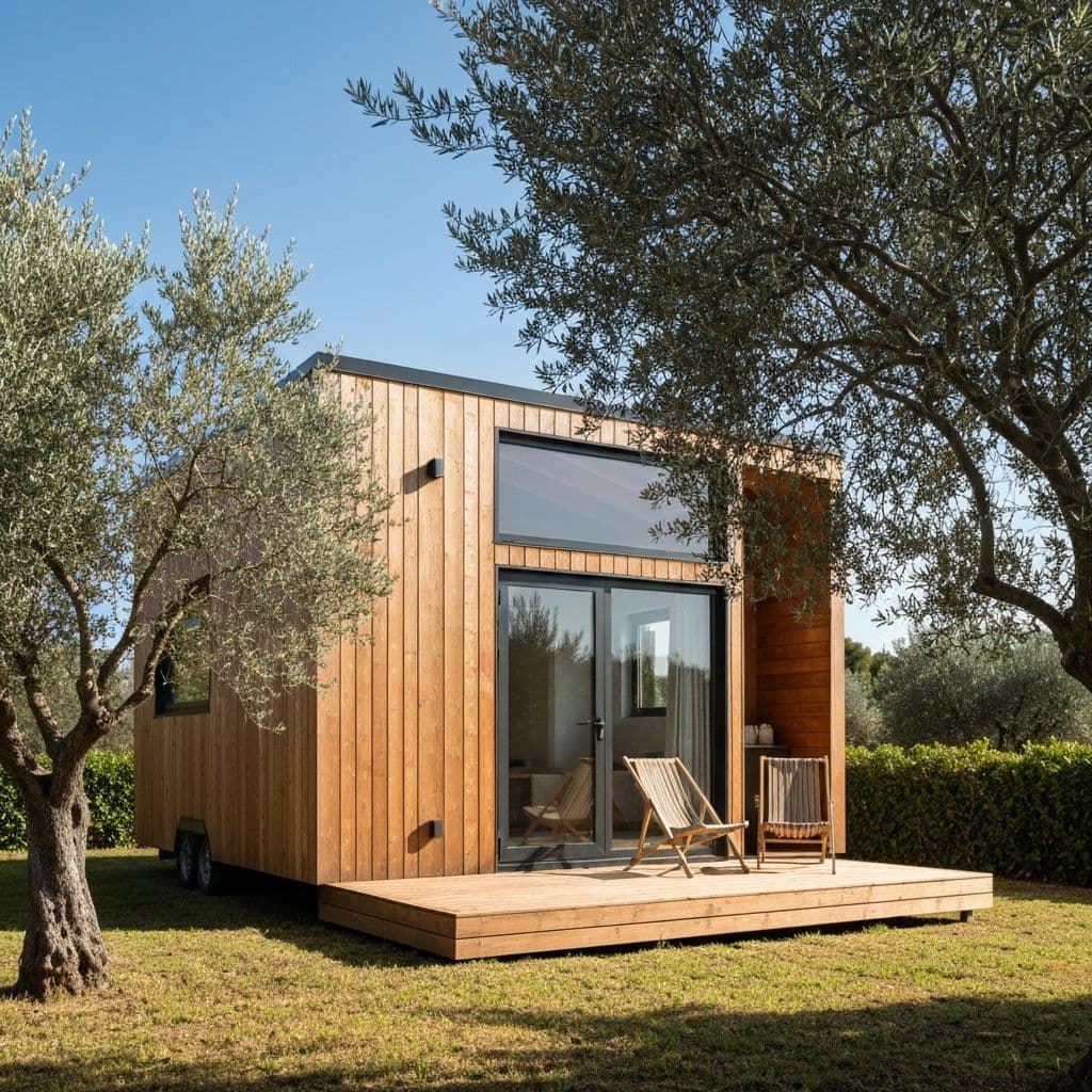 A timber tiny house among olive trees