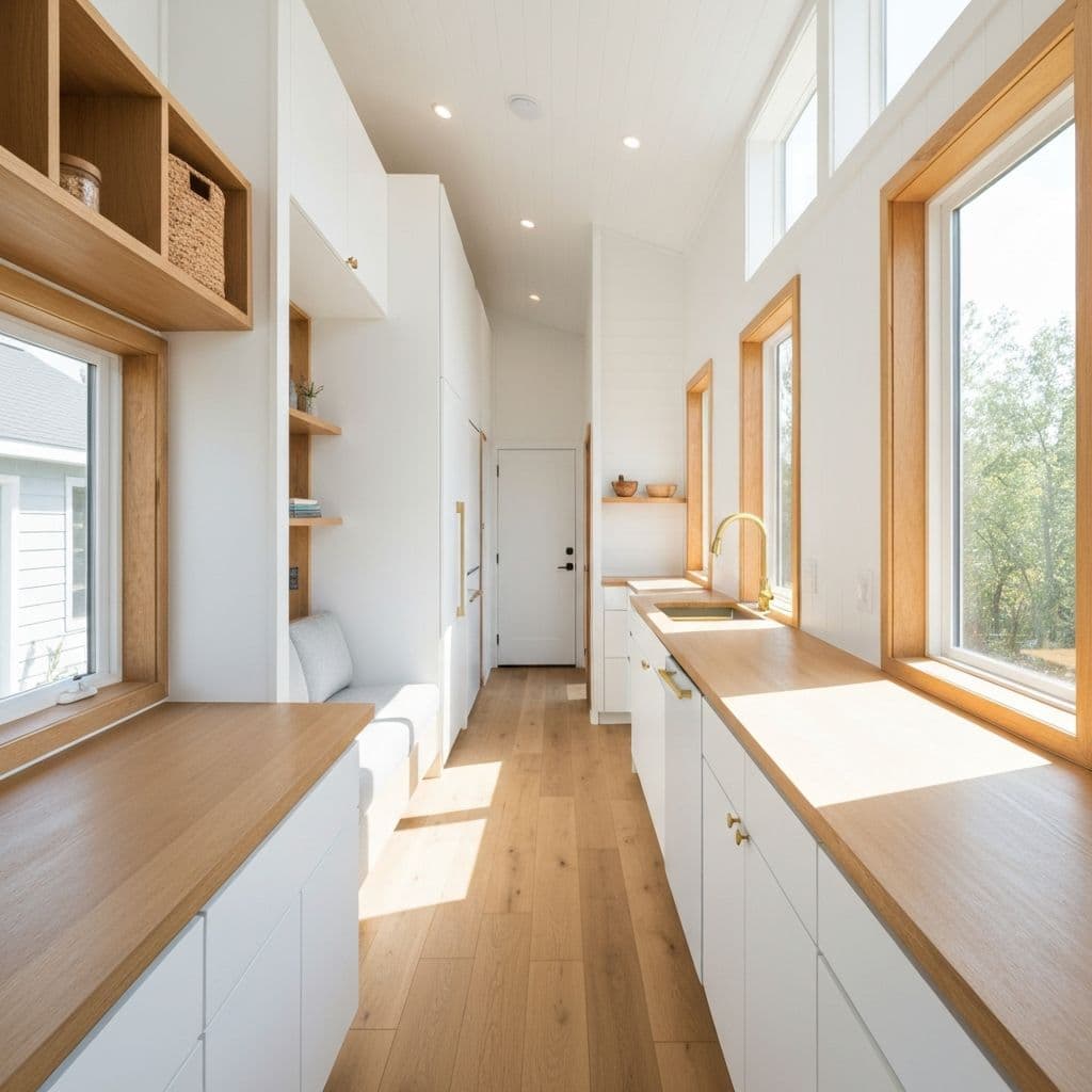 The interior of a tiny house, kitchen along one wall